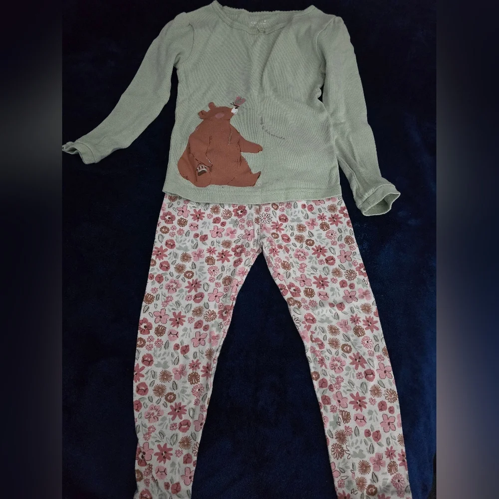 Carter's Green Bear Top and Floral Pink Pajama Set